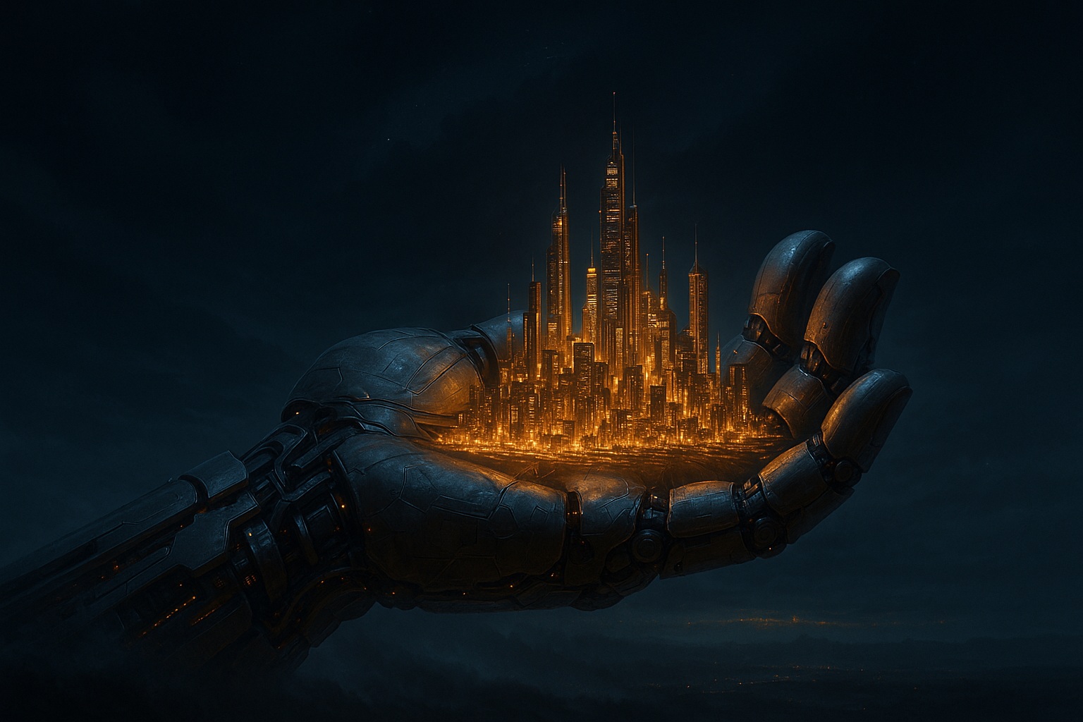 An android hand holding a glowing city