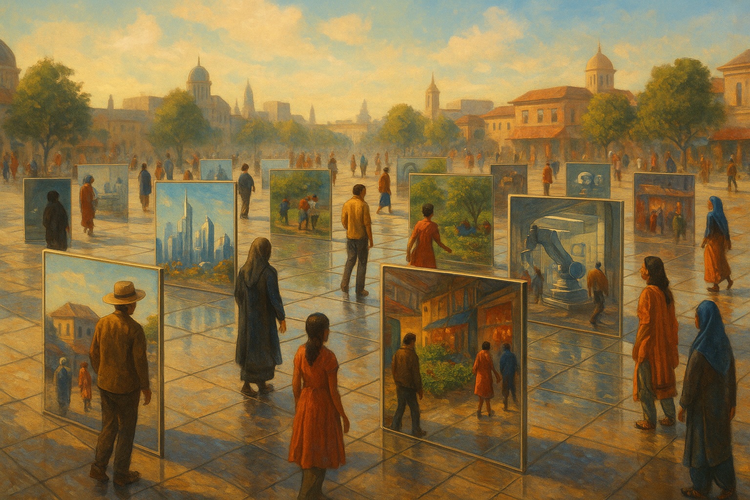 People walking through an open-air plaza full of paintings