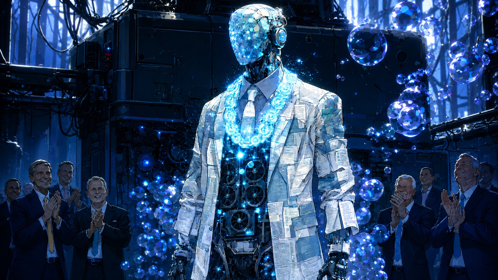 Blinged out robot with executives applauding in the background