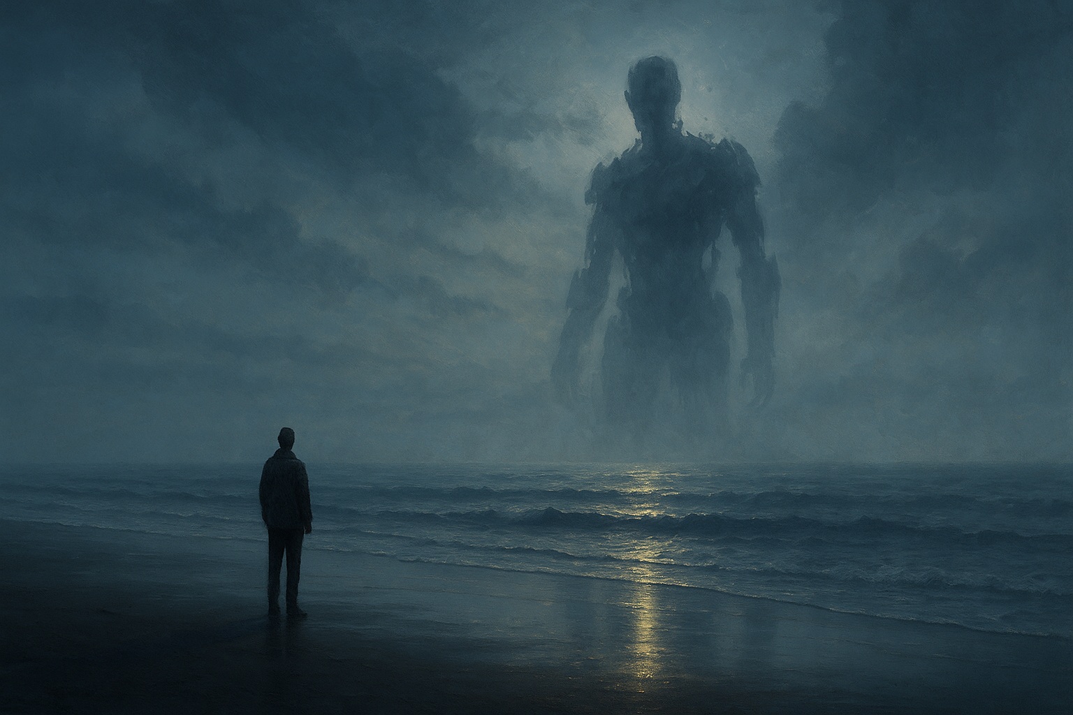 A human on the shoreline looking out at a vast creature emerging