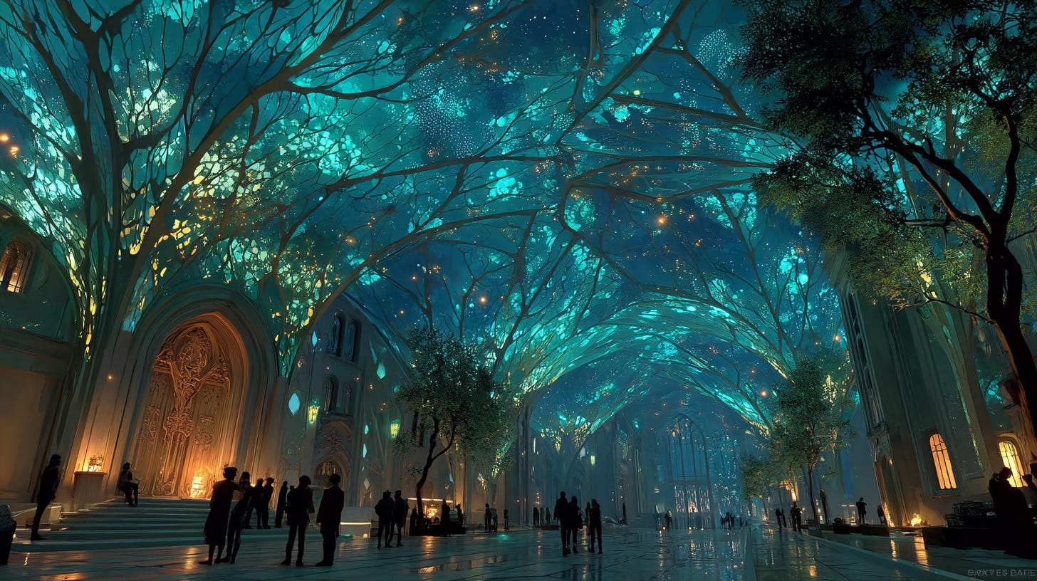 Ethereal foray with people gathered under cool green glowing trees