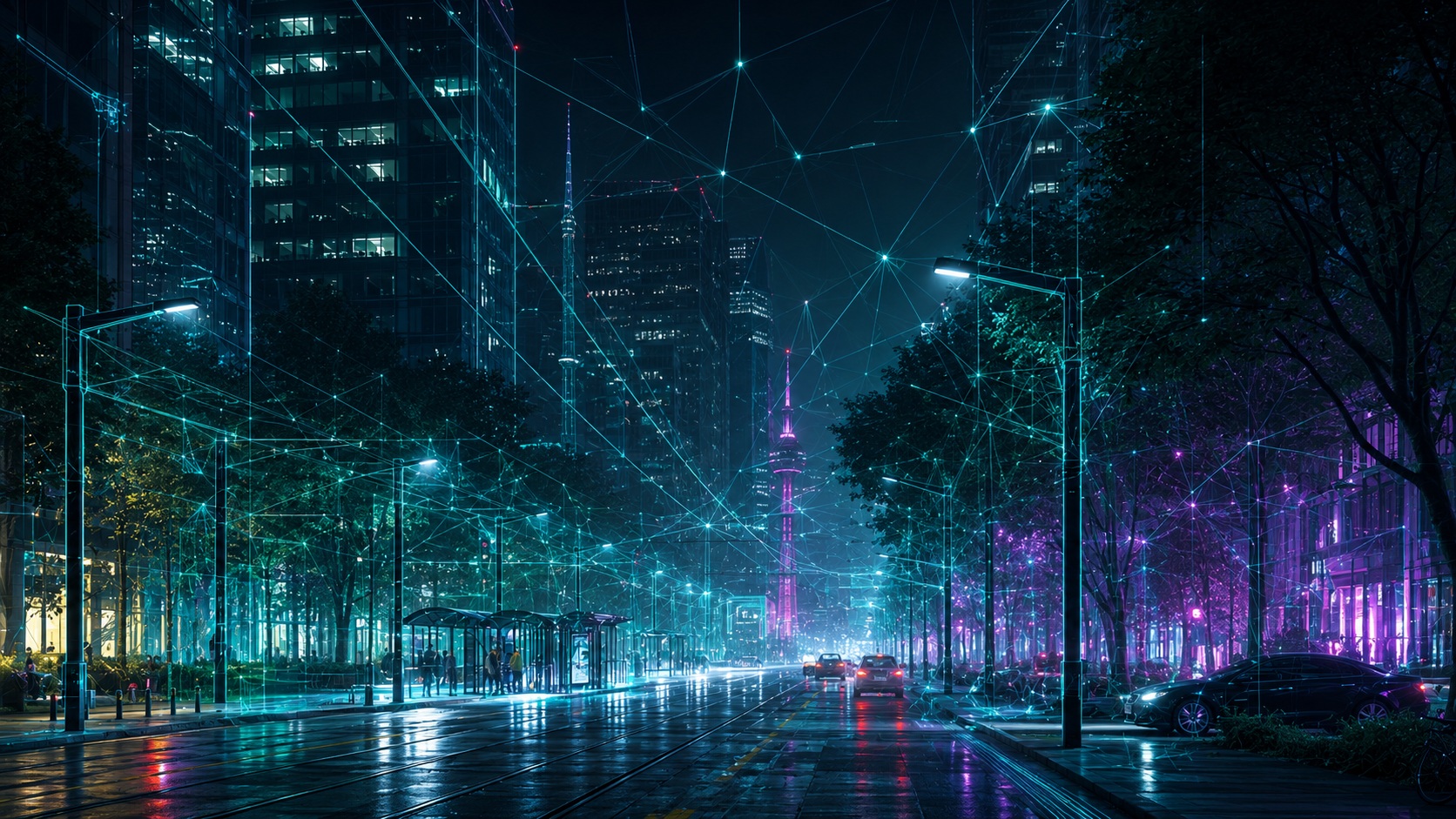 City street at night with glowing lines everywhere that represent AI observing the area