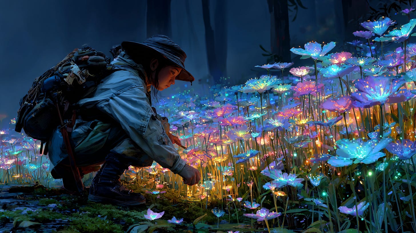 Crouching girl looking at glowing flowers