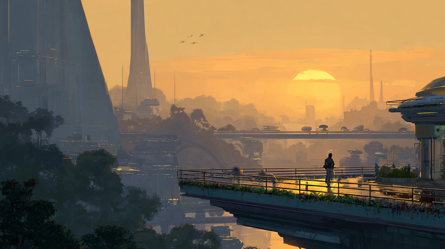 Ultra futuristic cityscape at sunset