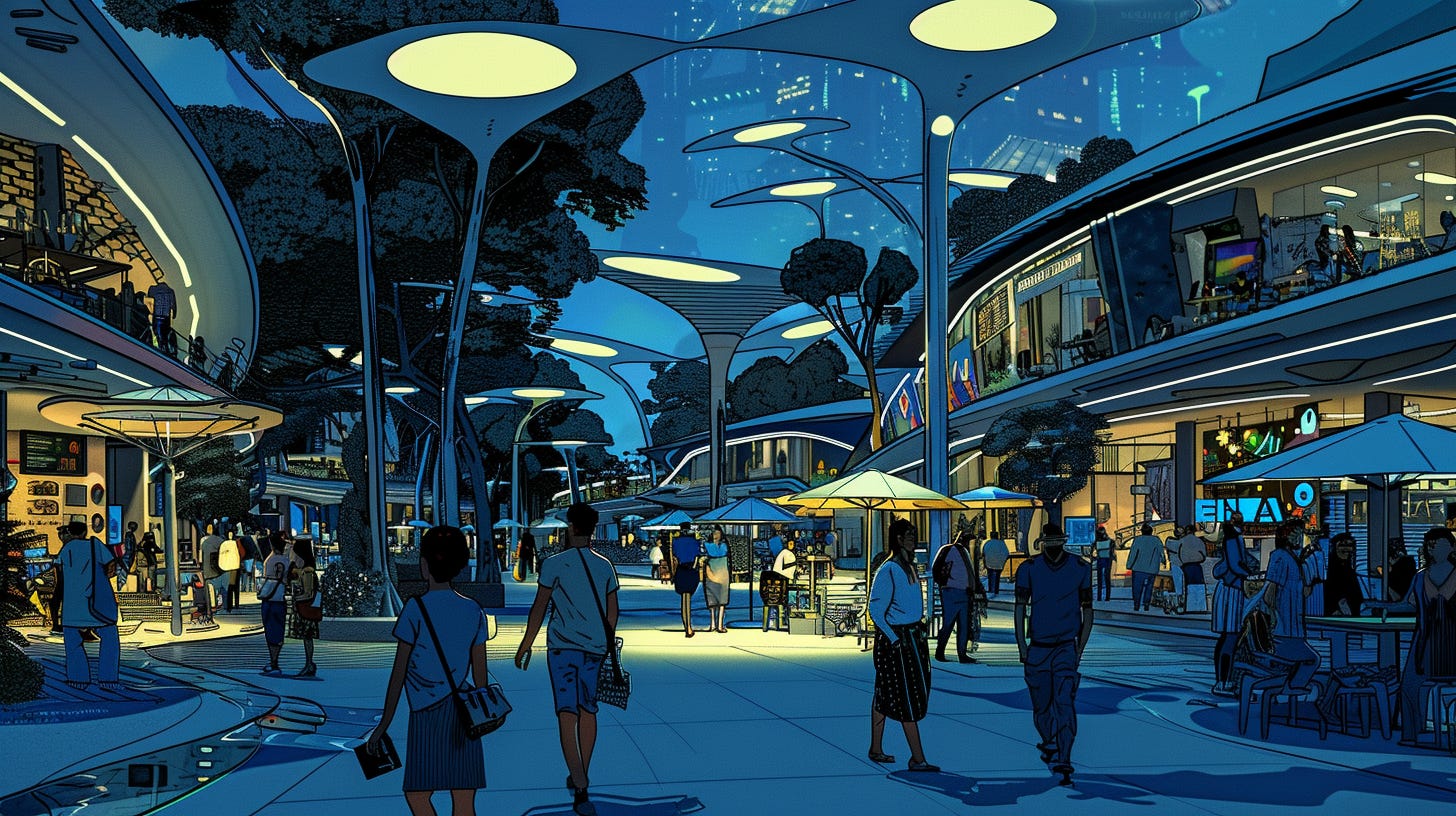 A bustling city late at night