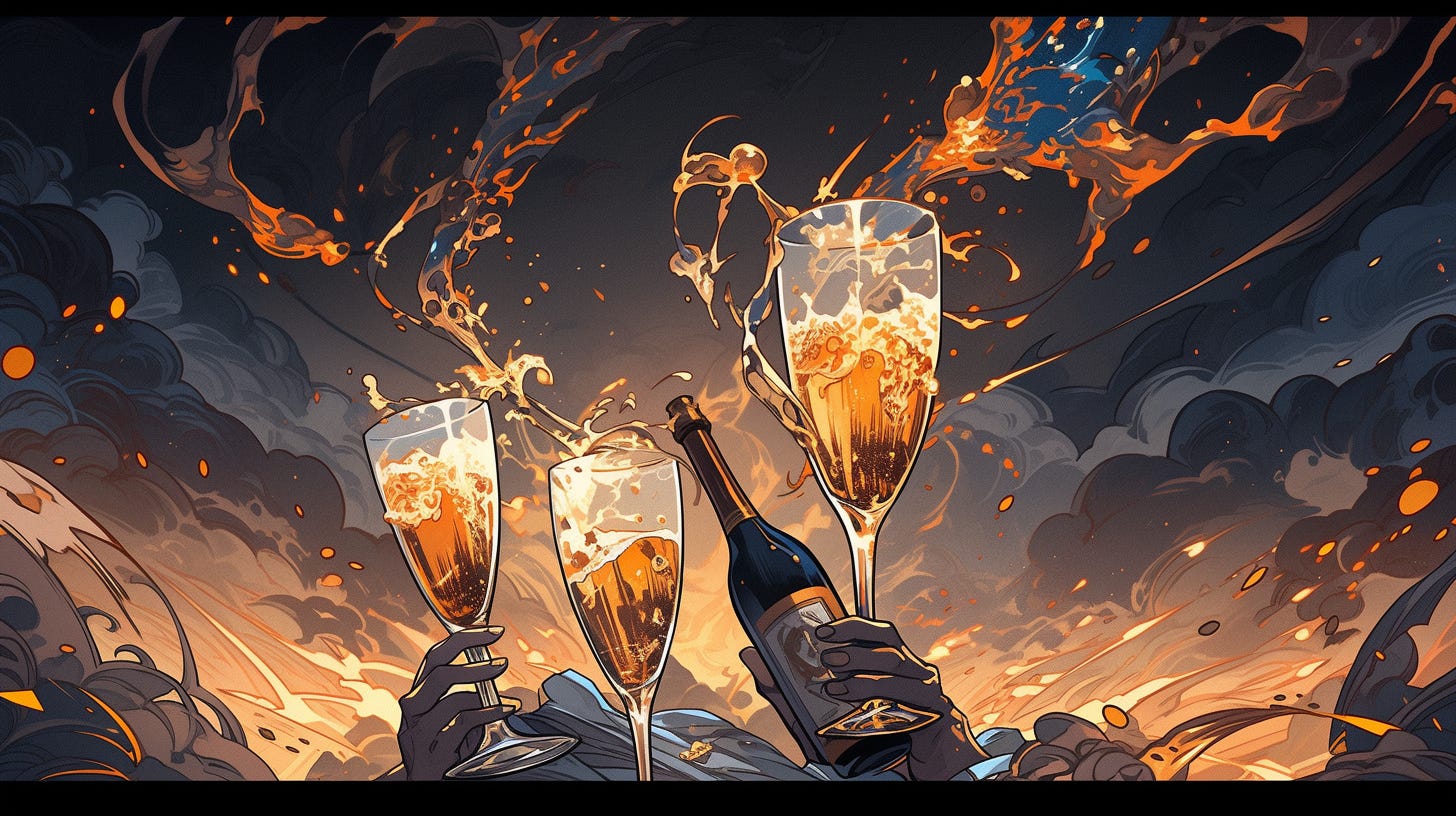 Champagne glasses clanging together near a volcano