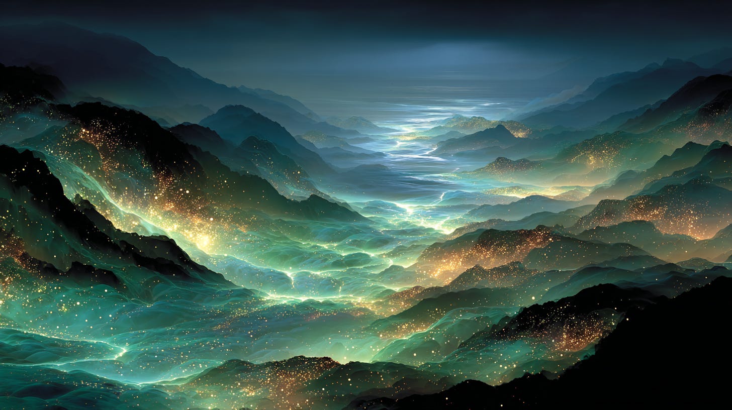 Mountain valley will orbs of energy flowing through it