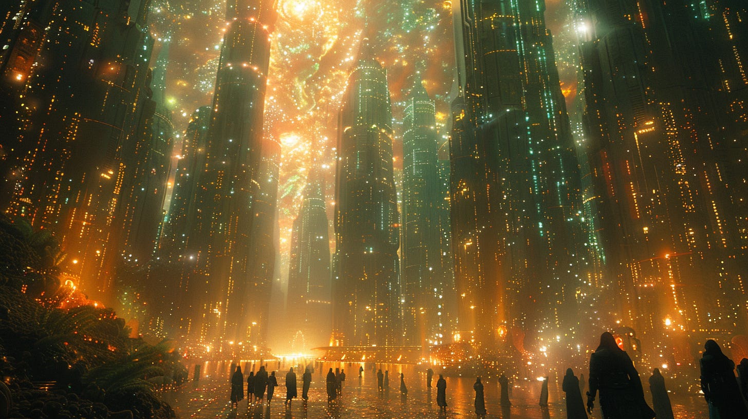 A vast, glowing futuristic city