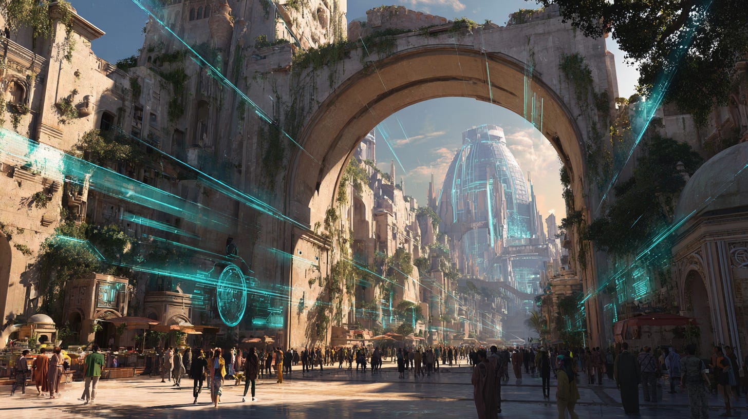 Futuristic city bustling with people