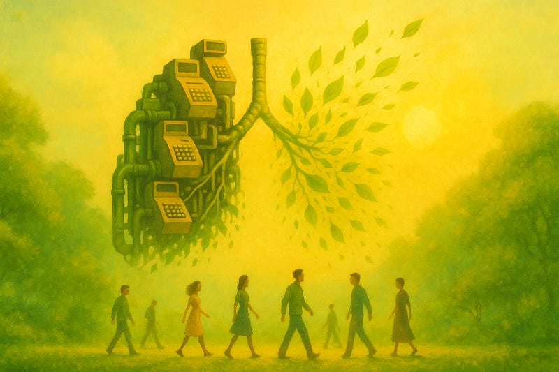 Cash registers and leaves shaped like a lung