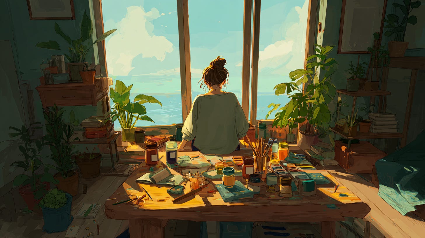 Woman taking a break from painting to look out the window