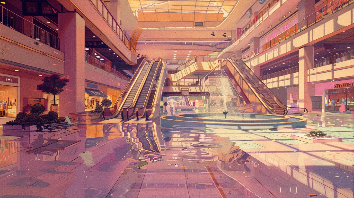 An empty, forgotten mall, escalators still running