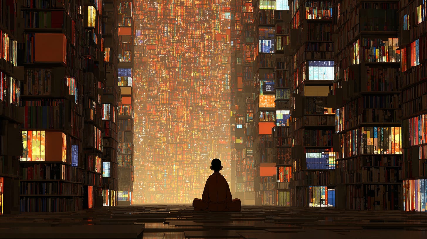 Futuristic scholar in a vast library