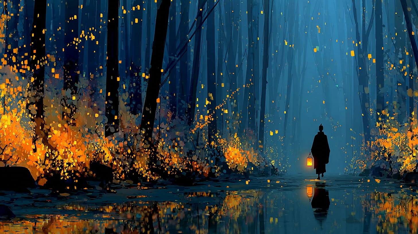 Person walking through a misty forest with a lantern