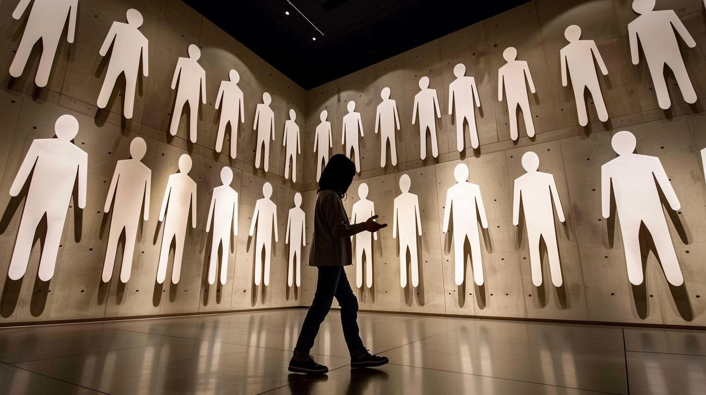 Person walking past rows of paper dolls