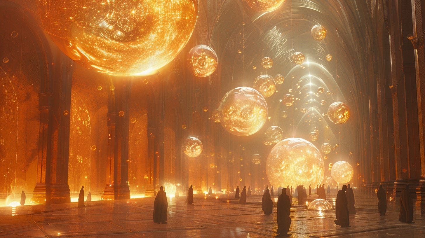 A futuristic gallery with tall ceiling, pillars, and golden glowing orbs